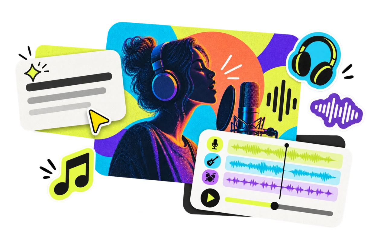 Editorial collage of a prompt, vocalist and multitrack waveforms becoming a complete AI song