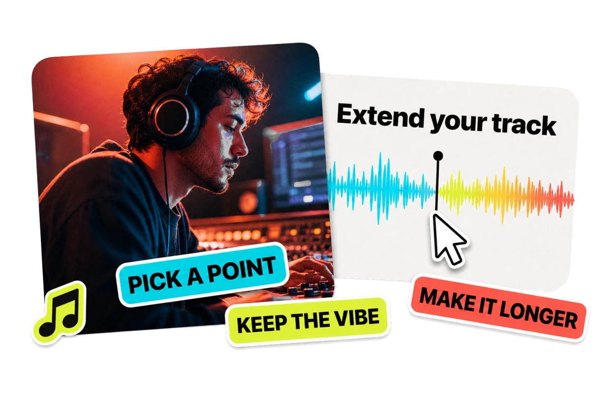 Editorial collage showing an AI music extender continuing a song from a selected waveform point
