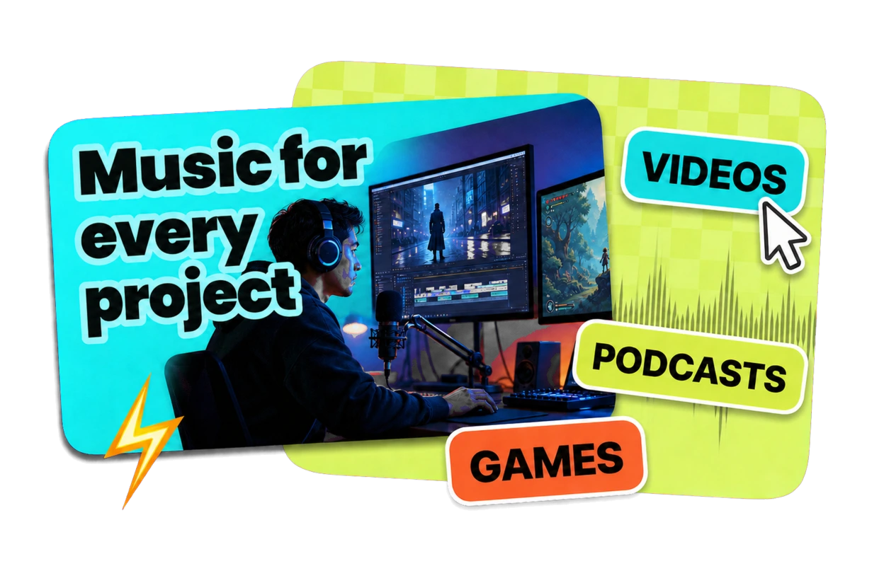 Editorial collage showing music for video, podcast and game projects