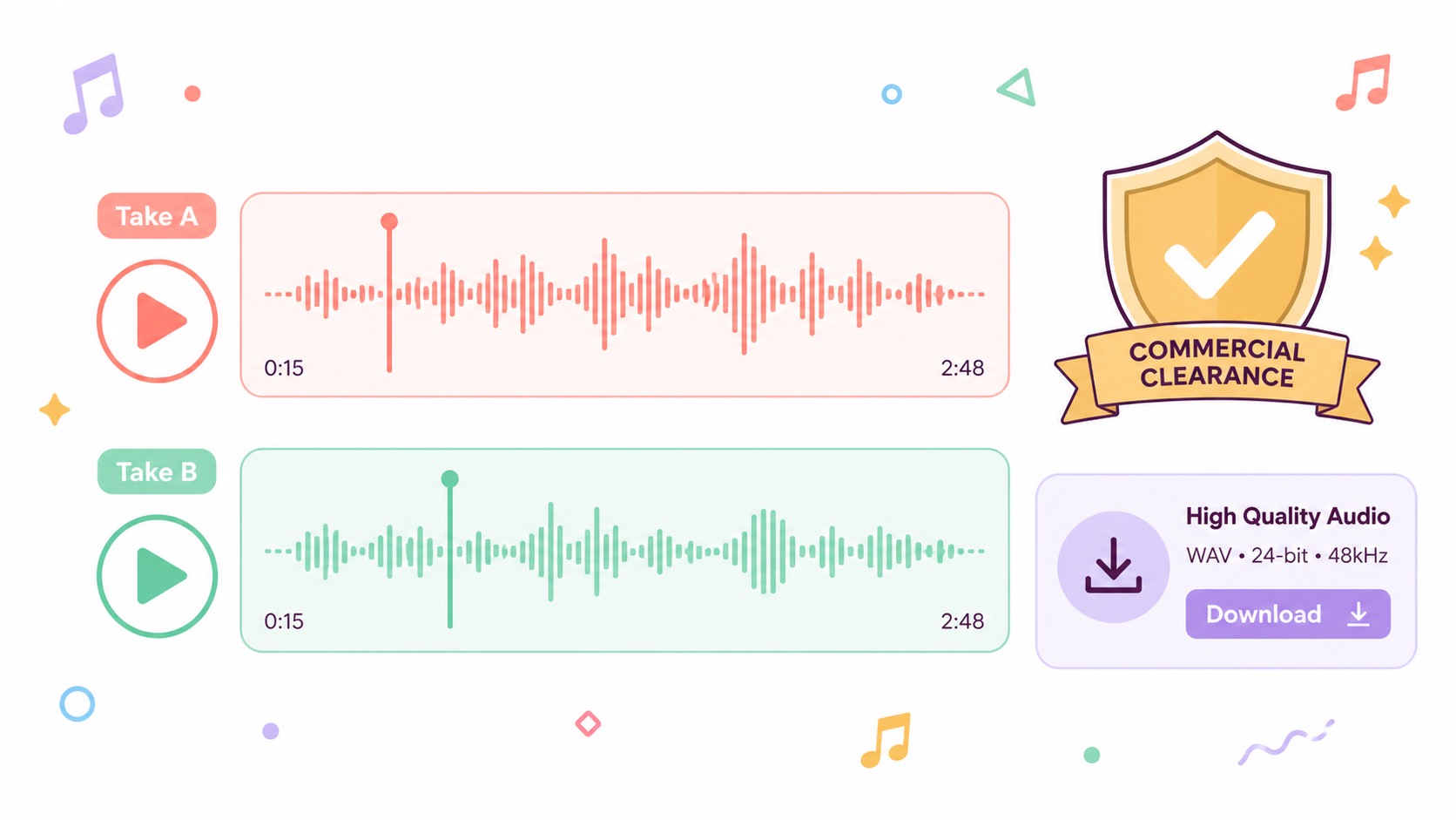 2D flat vector audio comparison player with commercial license clearance badge