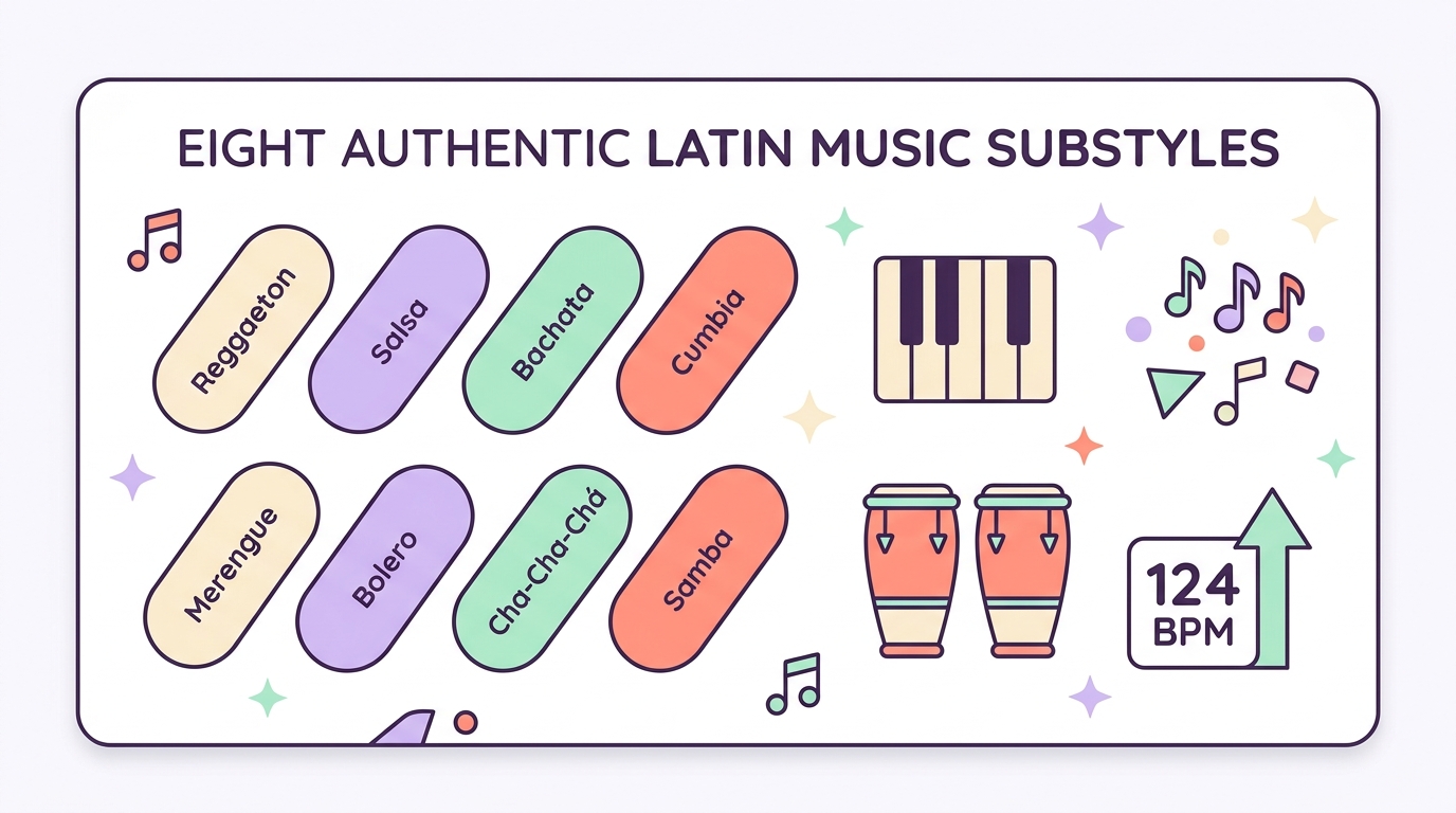 2D flat vector illustration of eight authentic Latin music substyles and tempo badge