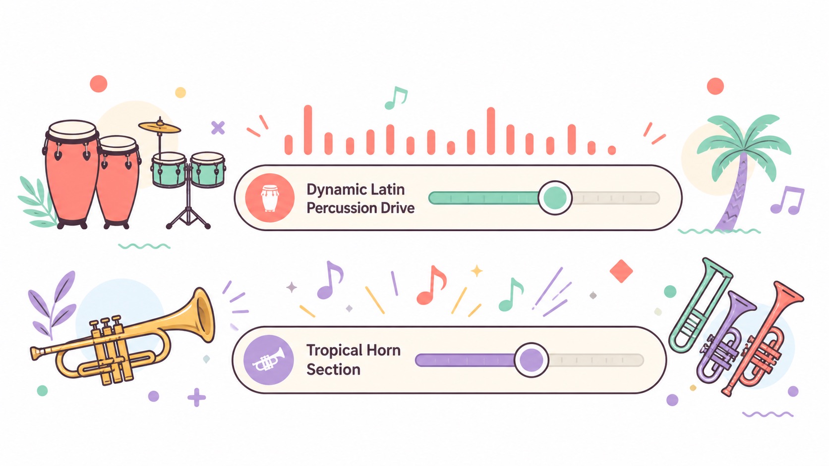 2D flat vector sliders for Latin percussion drive and tropical horn section