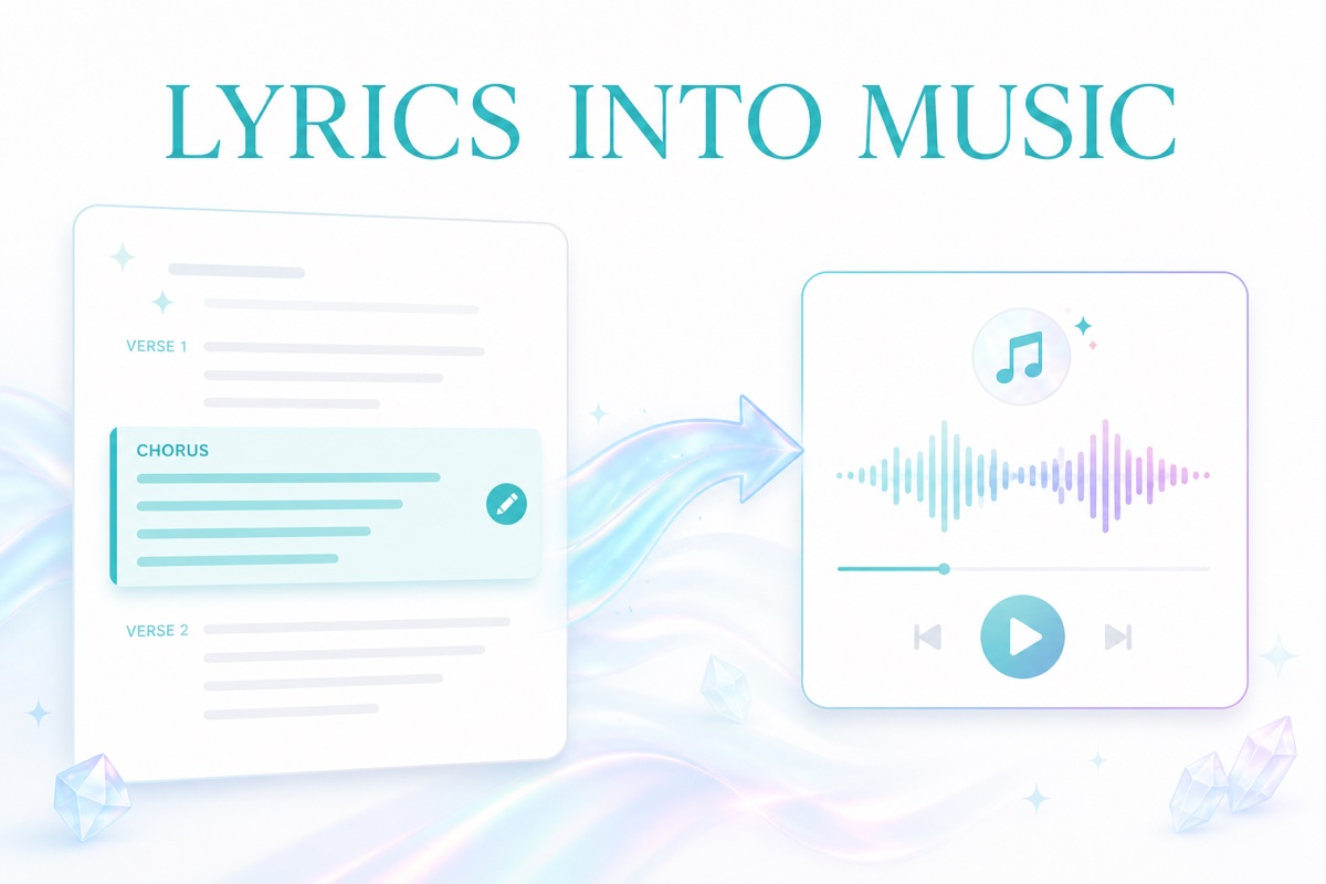 Editable chorus lyrics flowing into an AI music player and waveform