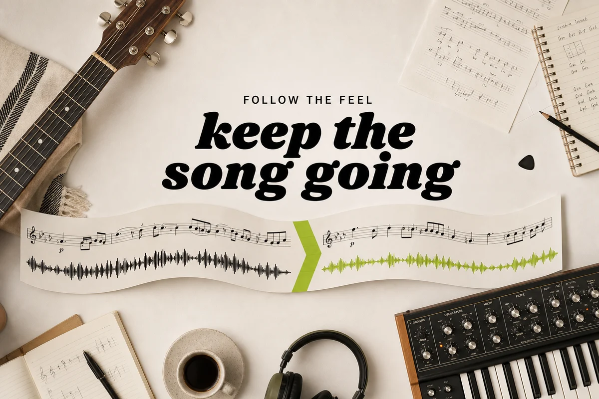 Original musical phrase flowing into a new AI-generated continuation