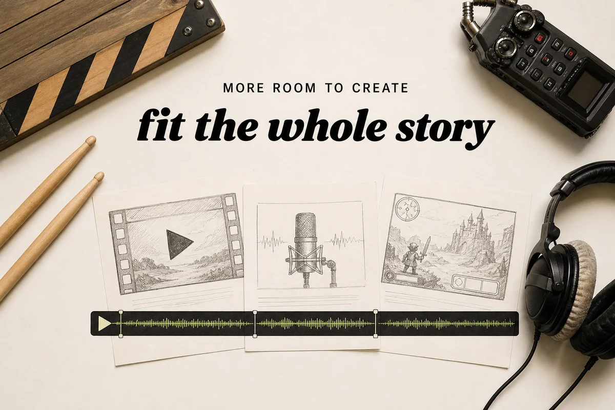 A longer AI-extended music timeline spanning video, podcast and game projects