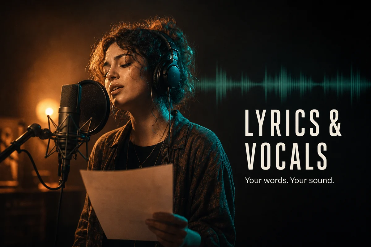 Lyrics and Vocals — a singer recording her own lyrics in a studio