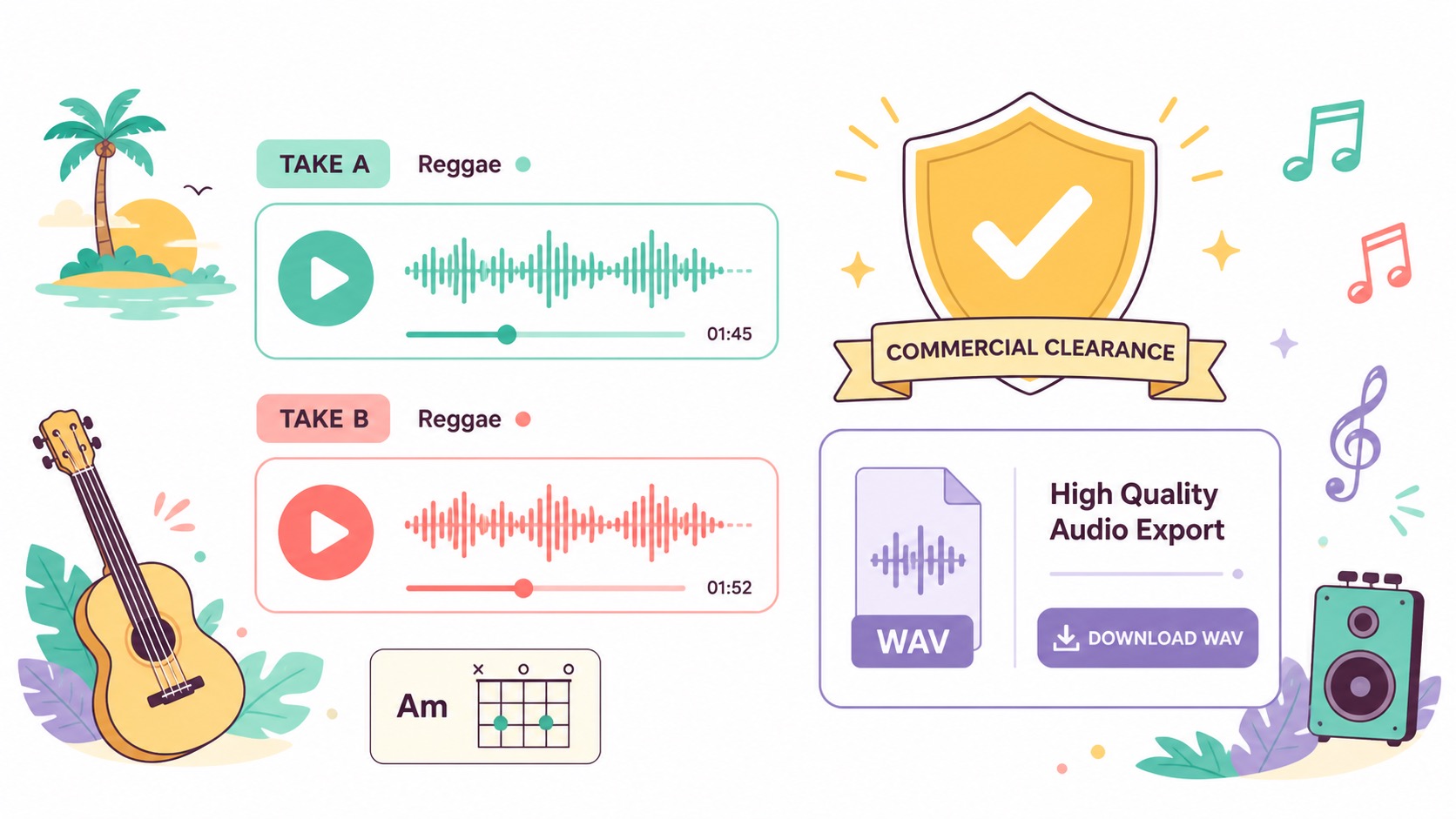 2D flat vector dual-take reggae waveform players with commercial clearance and WAV export
