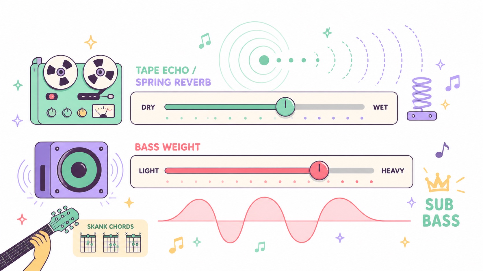 2D flat vector Dub FX and bass weight sliders with echo rings and sub-bass waveform