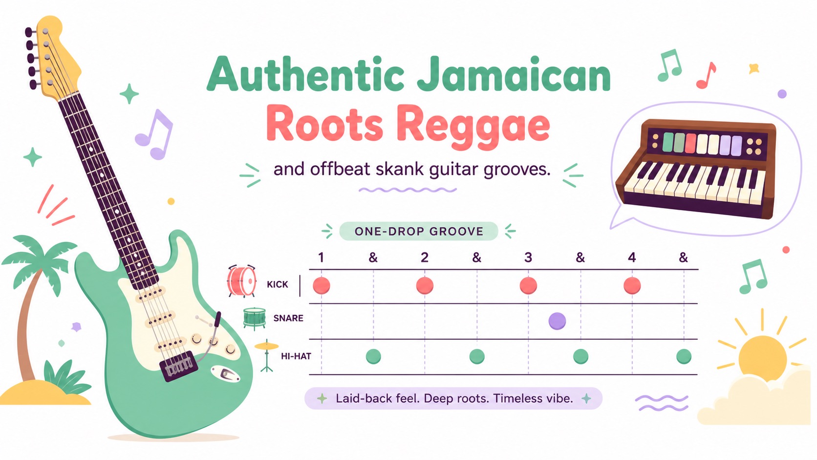2D flat vector reggae guitar, organ bubble keys, and one-drop rhythm timeline