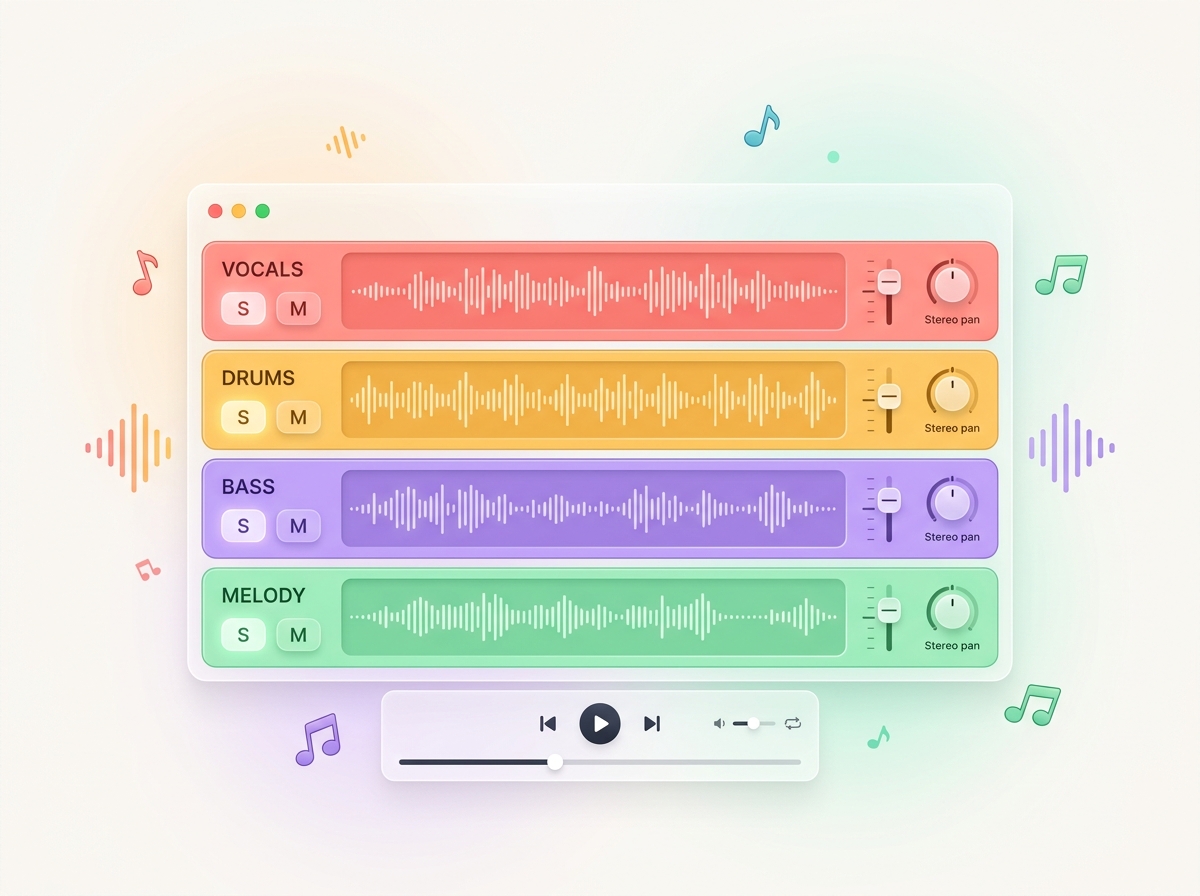2D flat vector multi-track audio mixer with volume faders, solo, and mute controls
