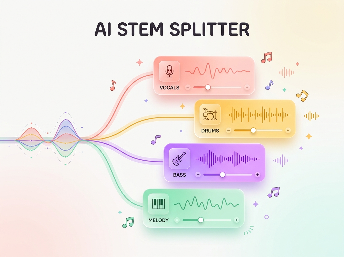 2D flat vector audio track splitting into colorful isolated vocal, drum, bass, and instrument stems