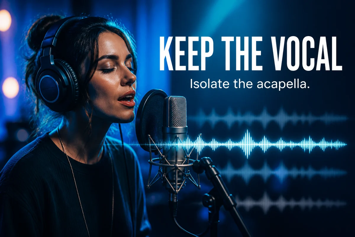 Isolated singer vocal waveform prepared for an authorized remix or music lesson