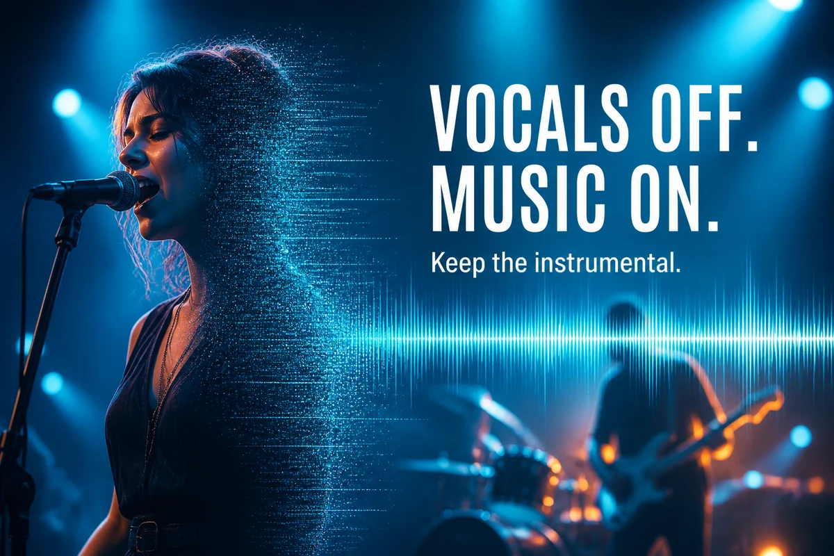 Concert singer fading from a track as an AI vocal remover keeps the instrumental music