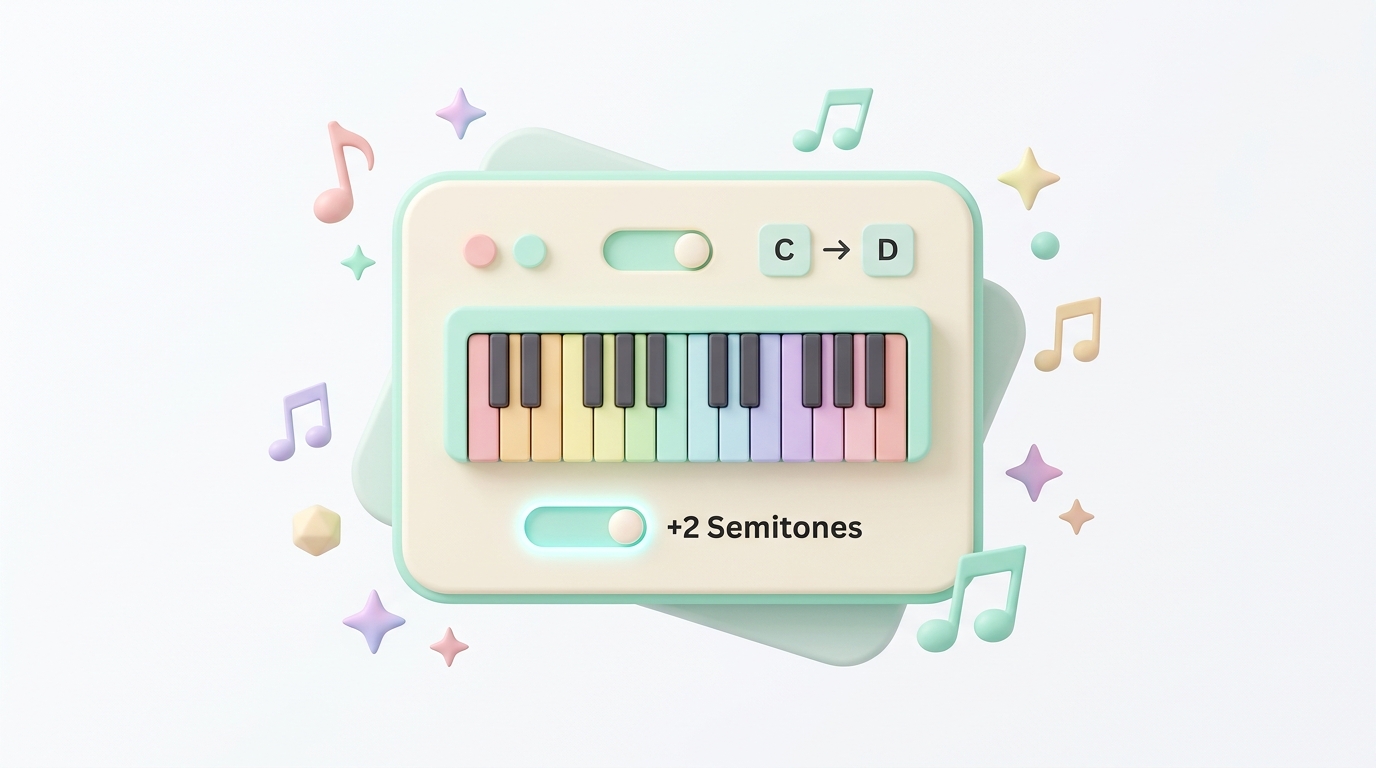 Precision semitone slider from -12 to +12 with piano key guide and key transposition