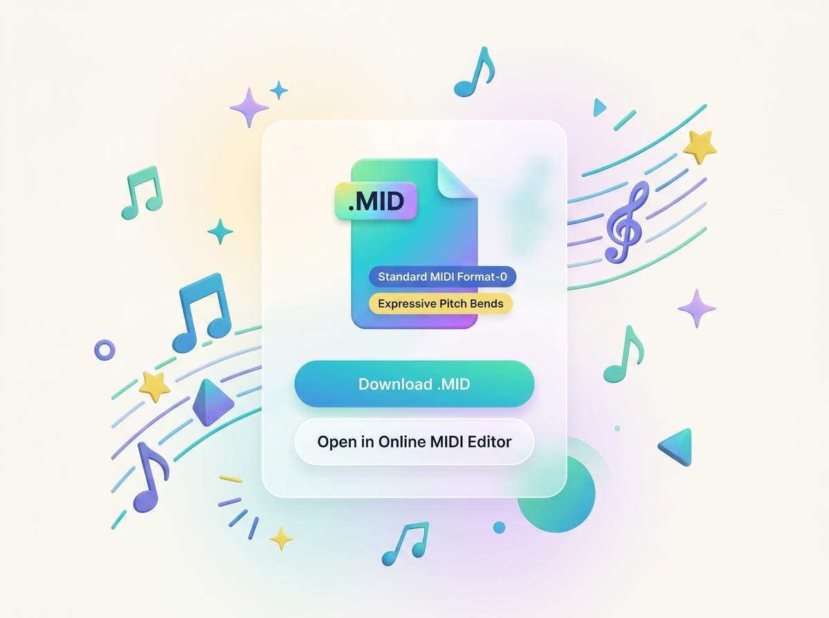 2D flat vector MIDI export card with download and open in online editor buttons
