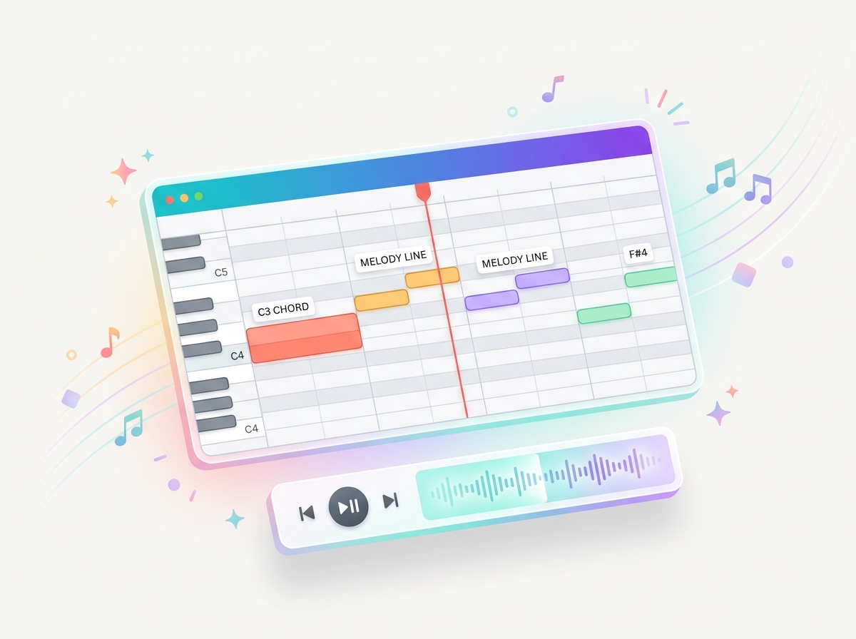 2D flat vector interactive in-browser piano roll interface with colorful note grid