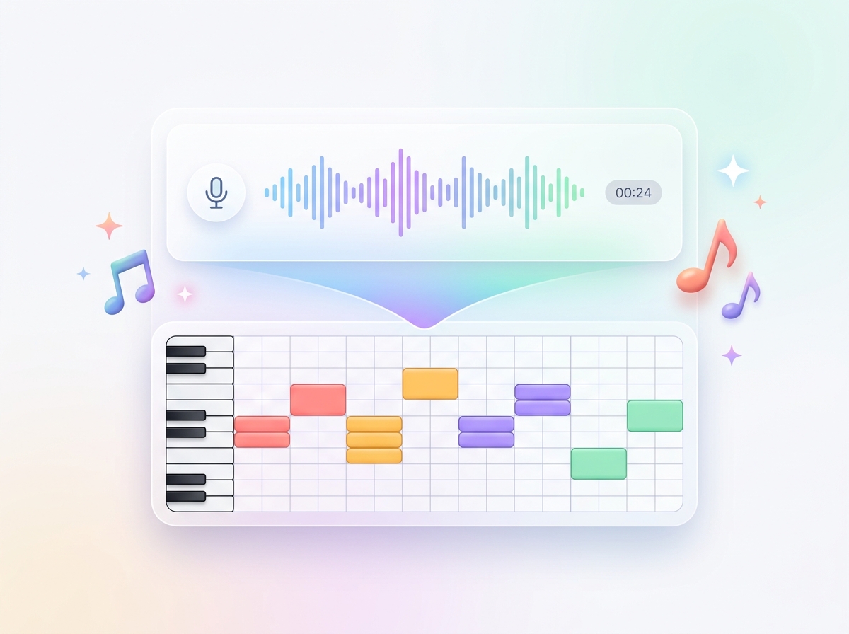 2D flat vector audio input transforming into colorful polyphonic MIDI piano roll notes