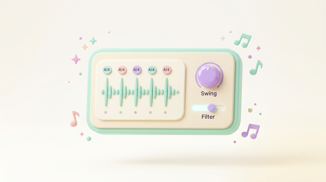 2D flat vector four-on-the-floor kick drum pulse with Swing and Filter sliders