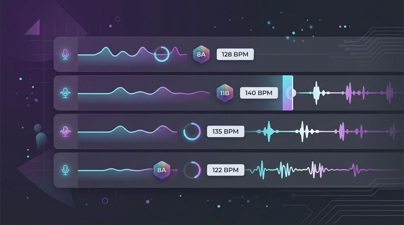 2D flat vector batch audio queue card with Camelot badges and BPM tags