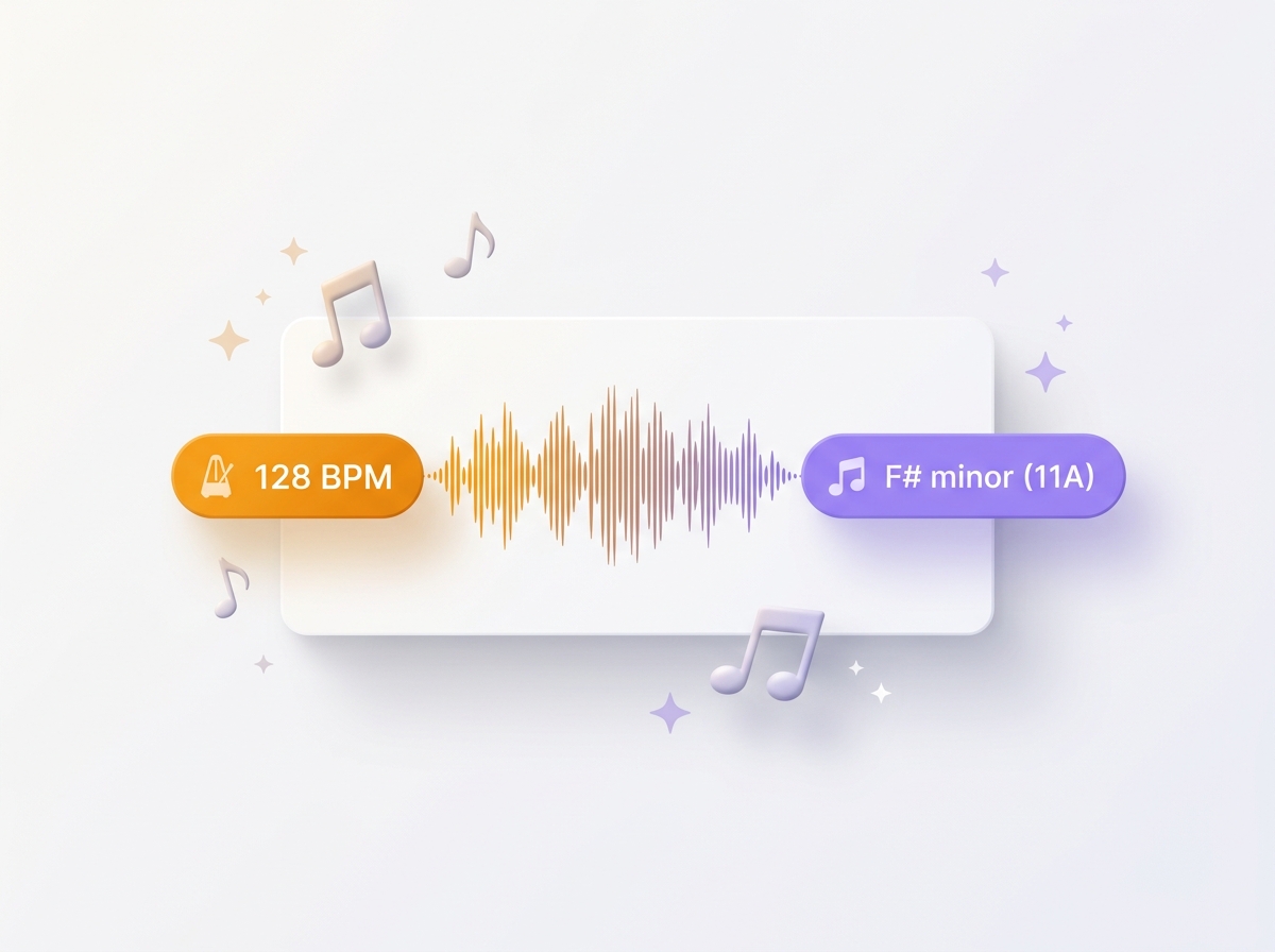 2D flat vector card displaying 128 BPM and F sharp minor 11A capsules