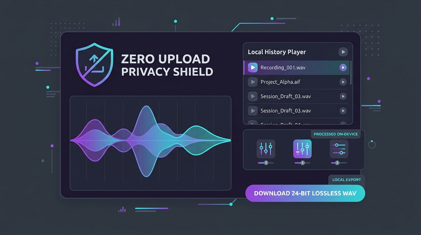 2D flat vector zero-upload privacy shield and on-device local history player illustration
