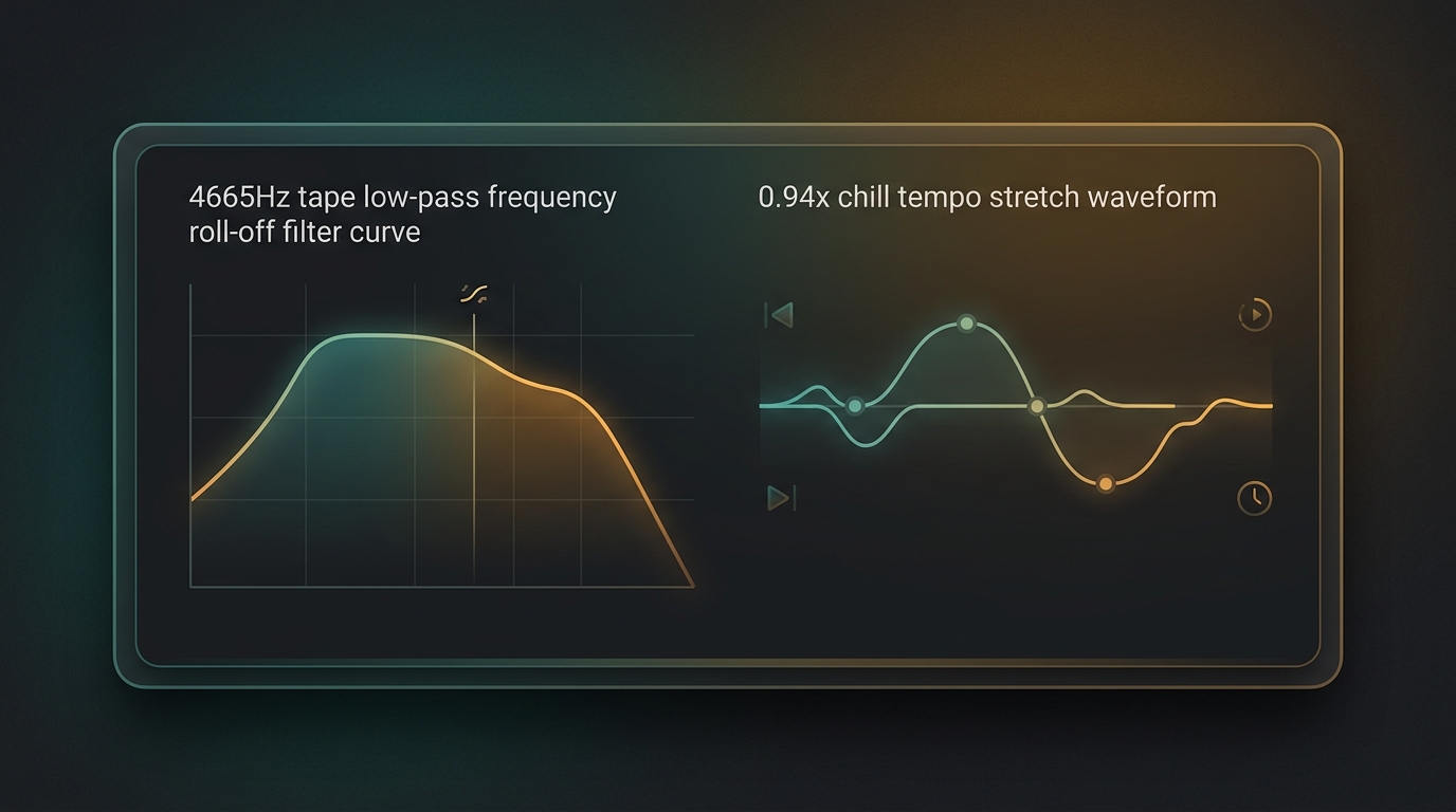 2D flat vector 4665Hz tape low-pass filter curve and 0.94x tempo stretch illustration