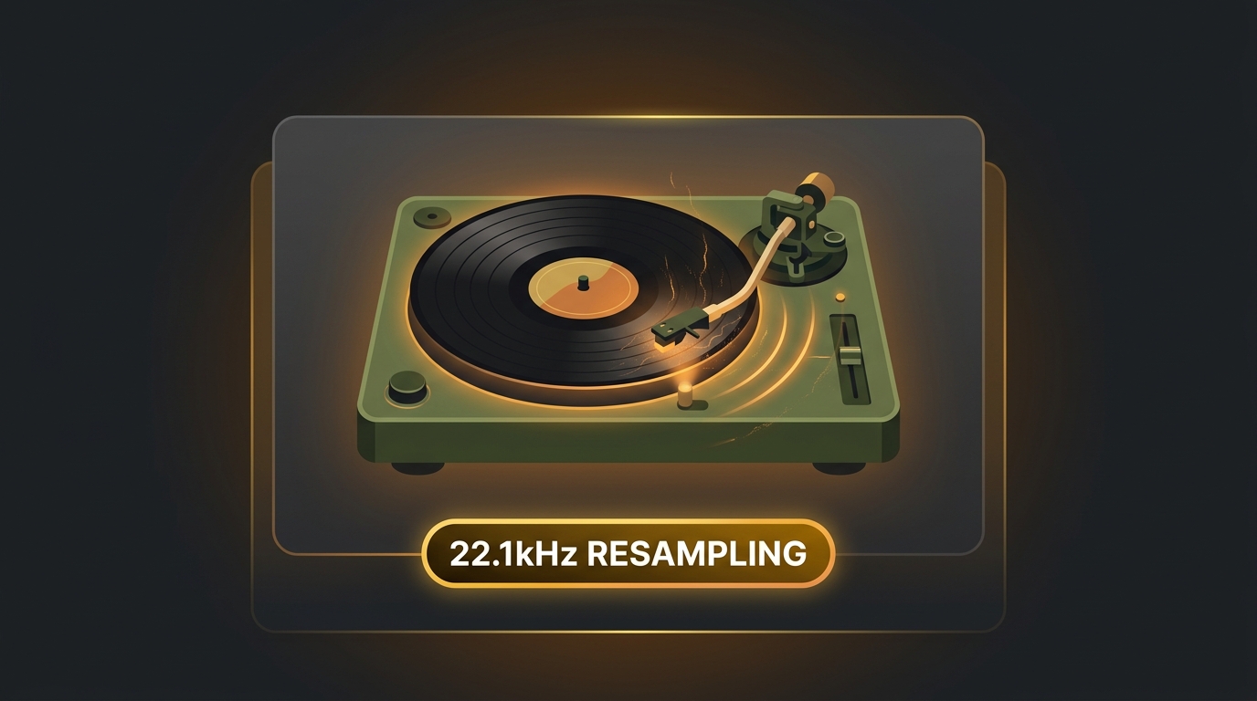 2D flat vector vinyl turntable with dust crackle waves and 22.1kHz resampling badge