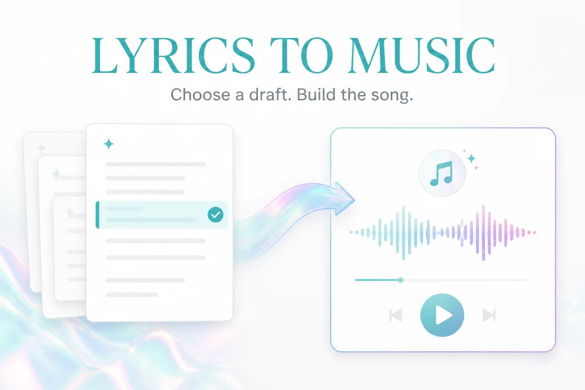 Selected AI-generated lyrics flowing into an original song and audio waveform