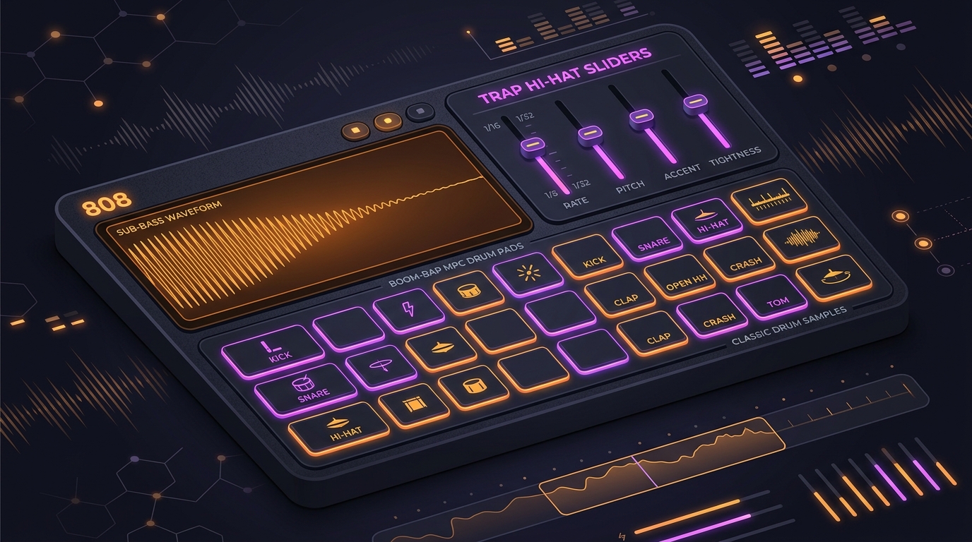 2D flat vector rap substyles and 808 drum machine console illustration