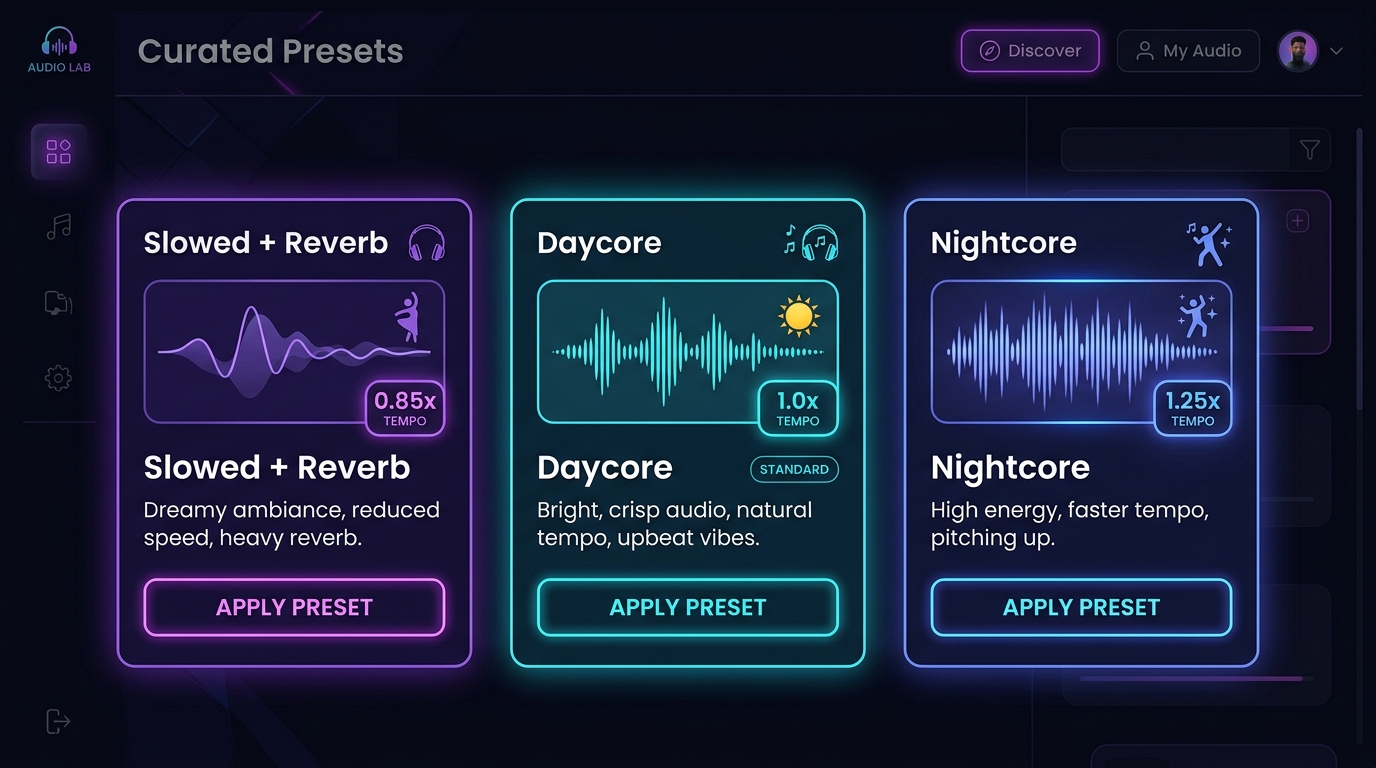 2D flat vector curated presets card displaying Slowed Reverb, Daycore, and Nightcore