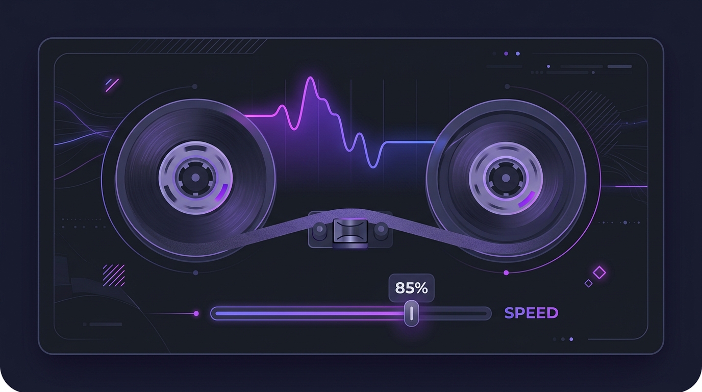 2D flat vector cassette tape reels slowing down with pitch drop waveform illustration
